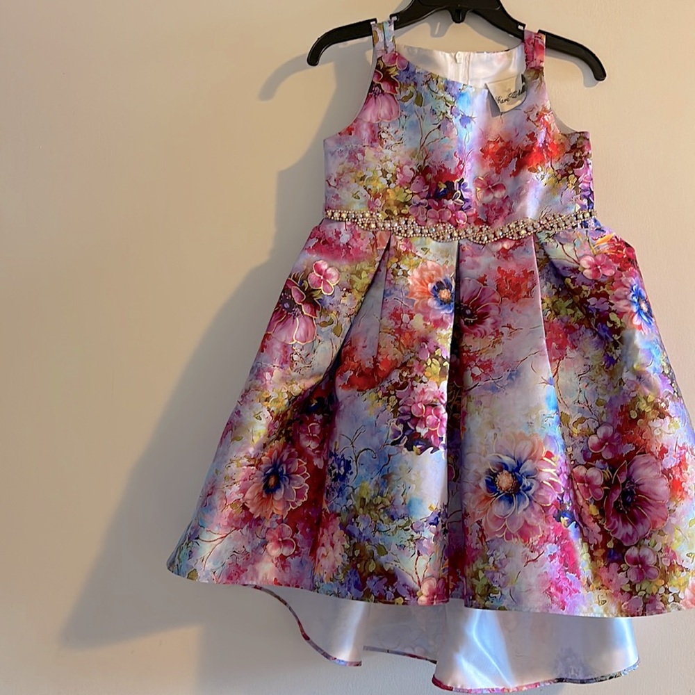 Little Girls 3T Sleeveless Floral Foil Jeweled Waist High-Low Dress